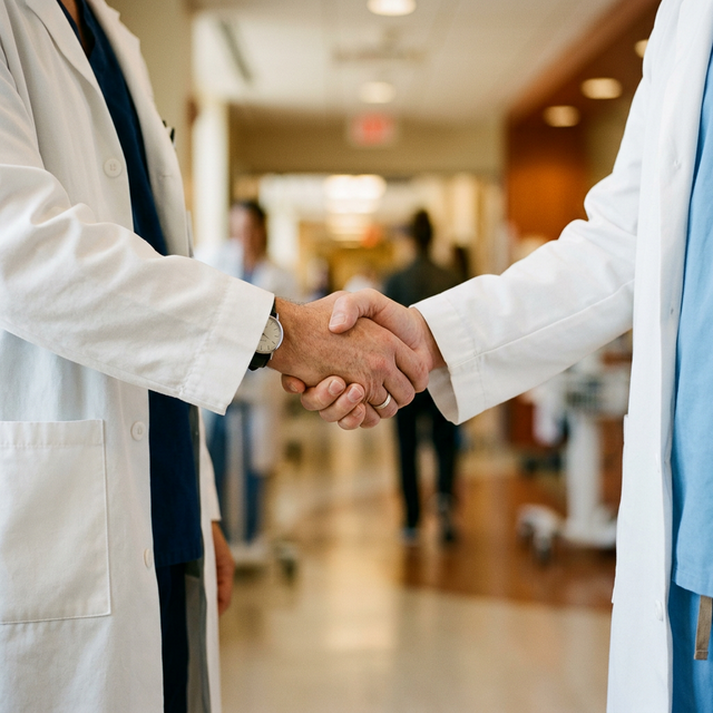 Two doctors shaking hands in partnership